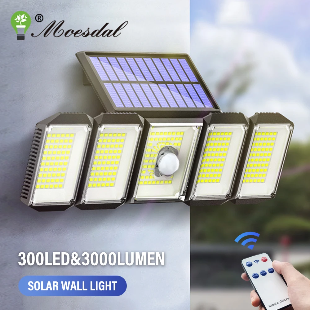 LED Solar Wall Light with Motion Sensor Waterproof Outdoor Flood Light 5 Heads 360° Wide Angle Lighting for Garage Patio Garden