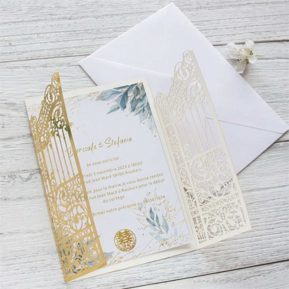 Metallic Gold Gate Laser Cut Wedding Invitation Cards 50 Sets Personalized Printing Marriage Celebrity Party Invites