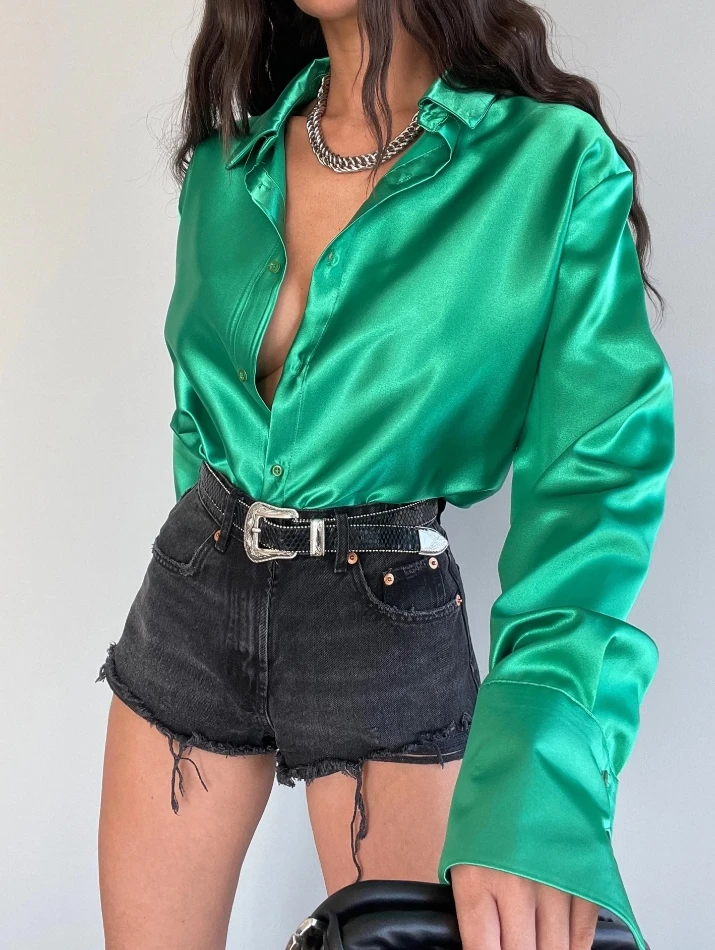 

Women's Urban Style Blouse Polo Collar Long Sleeve Button Style Slim Satin Shirt 2024 Summer Latest Solid Color Slim Fit Top