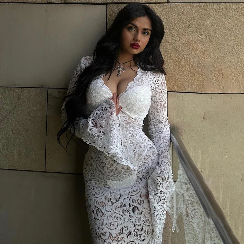 

Lace Patchwork See Through Maxi Dress Women Sexy Deep V Long Flare Sleeve High Waist Hip Wrapped Dresses Wedding Partywear