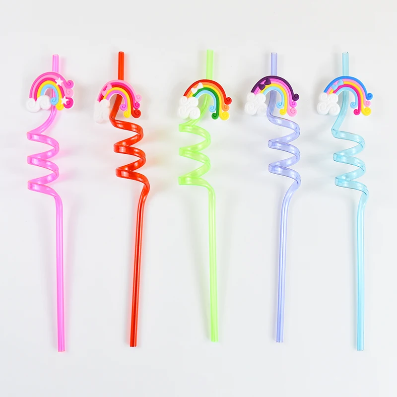 5/10 Stück wiederverwendbare gebogene Regenbogen-Spiral-Trinkhalme aus Kunststoff für Kindergeburtstage, Hochzeiten, Partys, Cocktail-Getränkezubehör – Detail 4