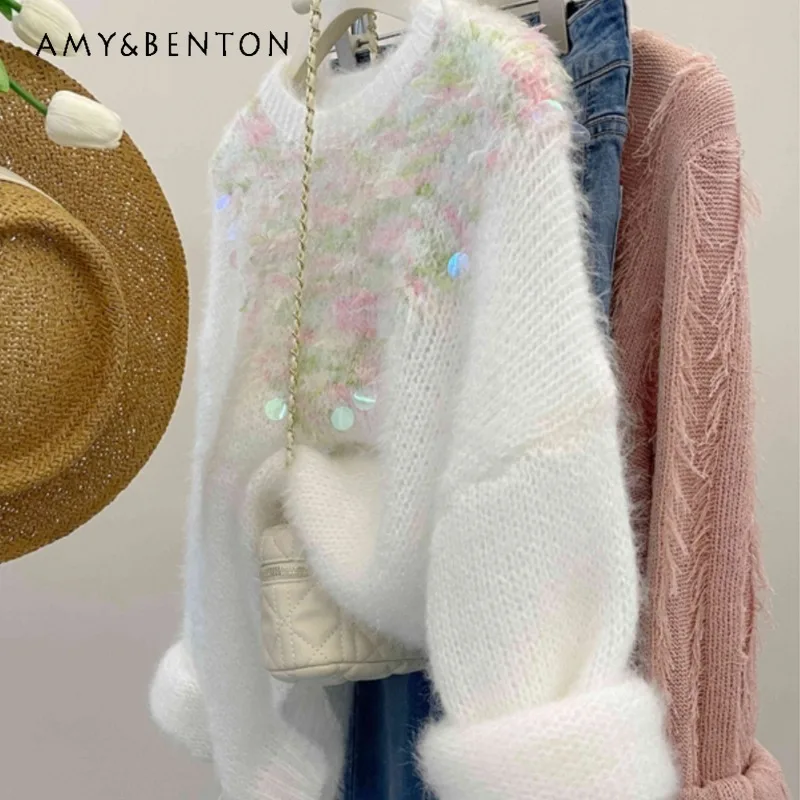 

Soft And Comfortable Colorful Mohair Sweater For Women 2023 Autumn Winter New High-Grade Loose Sequins Knitwear Top Pullovers