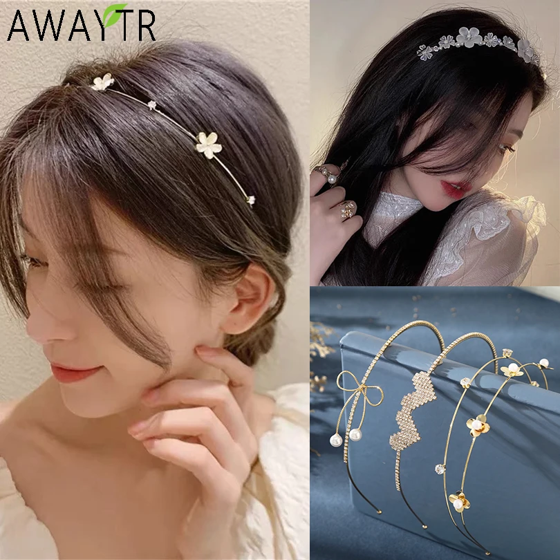 Metal Gold Silver Headband Shiny Rhinestone Flower/Heart/Bow/Butterfly Hairband Hair Hoop Bezel Women Elegant Pearl Hair Bands