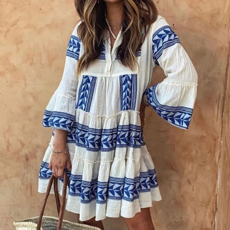 

2023 Women's New Casual Dress Resort Style Print Loose Bohemian Hem Dress