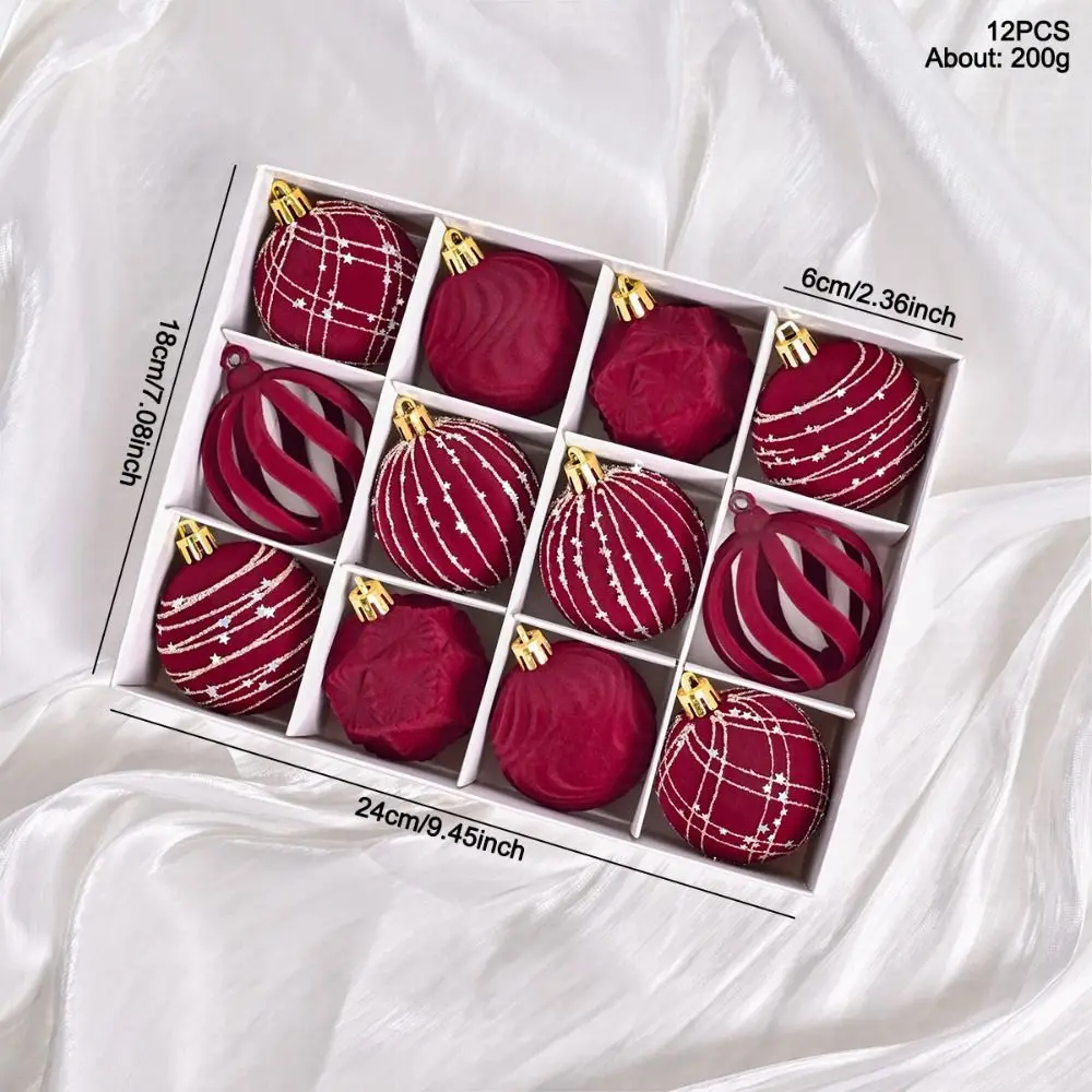 12pcs 6cm Christmas Hanging Ball Hand-Painted Flocking Velvet Spheres Pendant Plastic Wine Red Christmas Ball Ornaments New Year