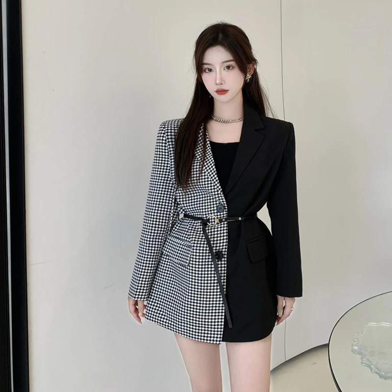 2023 Autumn Women Fashion Blazers Unique Patchwork Houndstooth Loose Suits Jacket Korean Lady Graceful Coats with Waistbelt