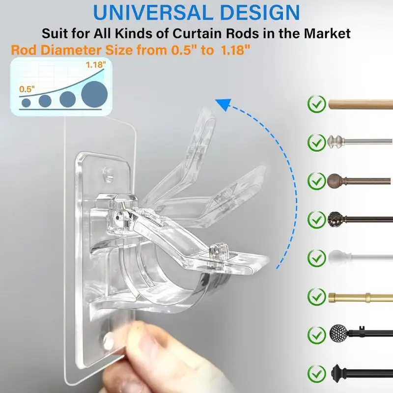 6-Pack No Drill Needed Curtain Rod Holders Brackets,Multipurpose Nail Free Stick on Curtain Rod Hooks