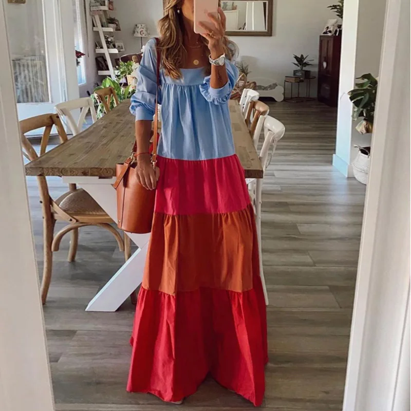 

Women Vintage Long Sleeve Patchwork Pleated Dresses Ladies Sexy Slash Neck Loose Party Dress Summer Casual Female Dress Vestidos