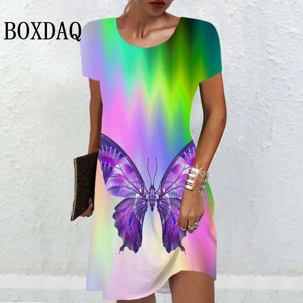 

Elegant Sweet Cute Butterfly Patter Dresses For Women 2024 Summer Casual Gradient 3D Print Short Sleeve Mini Dress Plus Size 6XL