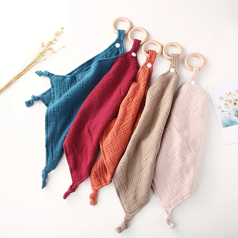 Newborn Appease Towel Solid Breathable Cotton Snap Ring Appeasing Toy Pacifying Towel Infant Blanket Saliva Towel for Dining