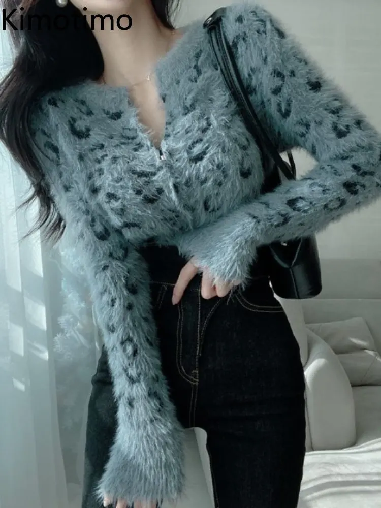 Tanio Kimotimo Retro Leopard żakardowy krótki sweter kobiety jesień zimowy