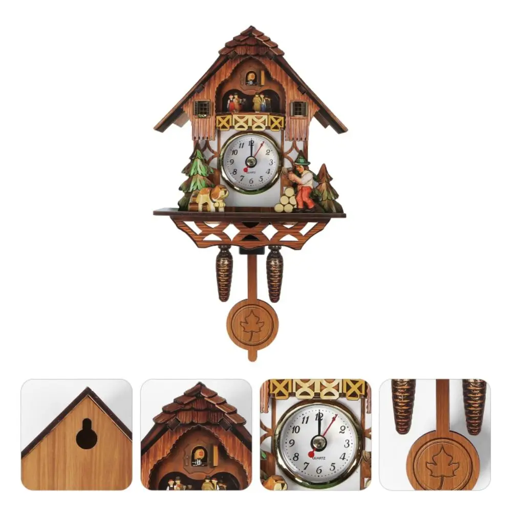 Clock Wall Wooden Wood Pendulum Vintage Clocks Cuckoo Kids Bird Hanging Retro 3D Chiming Decor Forest Silent Decorative Room - 2