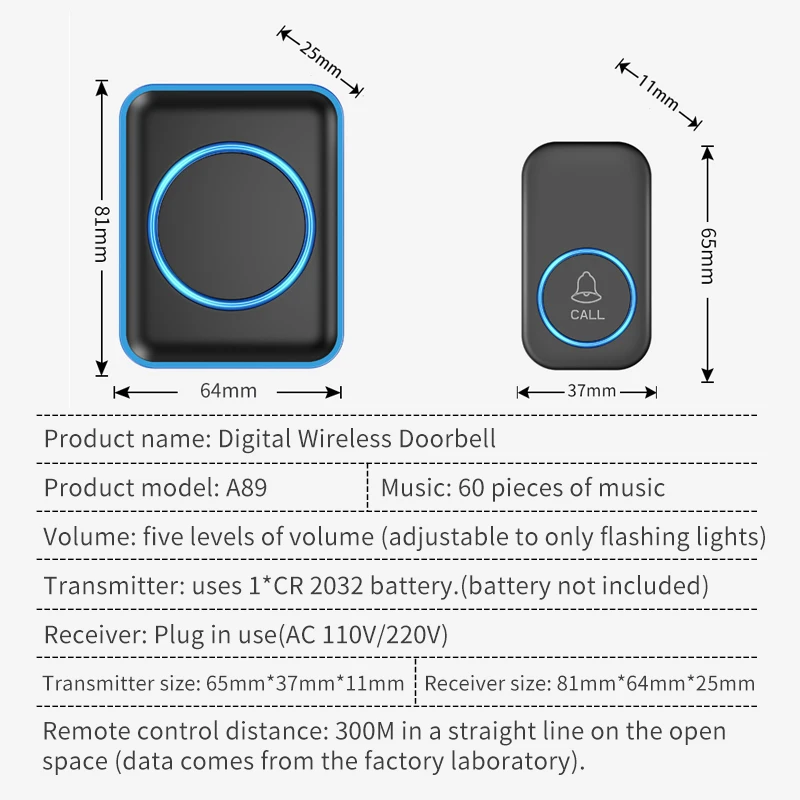 CACAZI Wireless Doorbell Sets Big Flashing Light Waterproof Door Chime 300M Long Range 60 Song Intelligent Outdoor US EU UK Plug