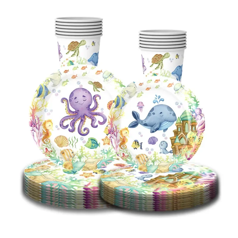

Ocean Theme Party Disposable Tableware Cartoon Ocean Animals Plates Cups Kids Happy Under The Sea Birthday Party Decor