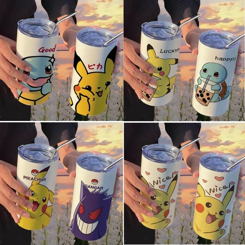 

Pokemon Iced Coffee Cup Pikachu 304 Stainless Steel Straw Thermos Cup Portable Reusable 420Ml Cartoon Anime Vacuum Water Bottle