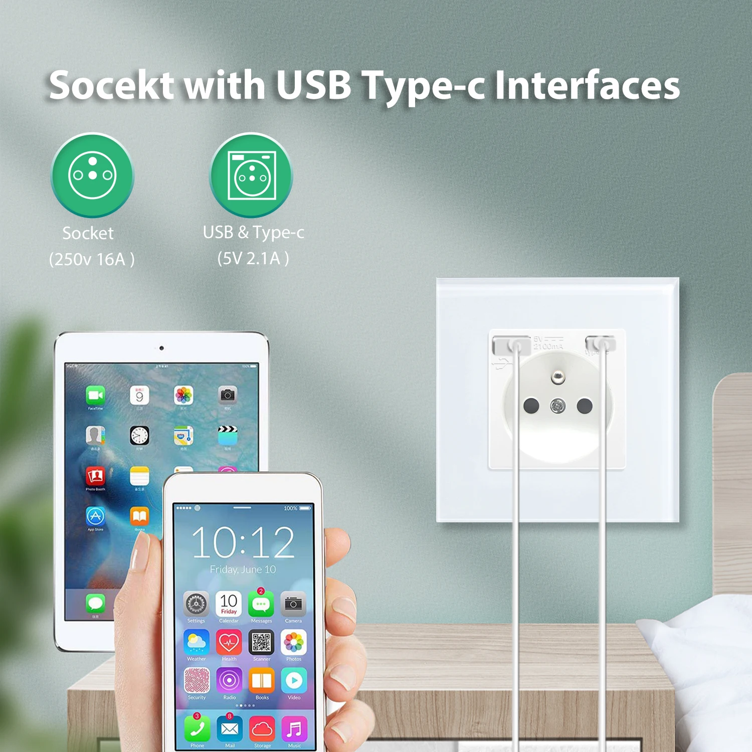 Presa a muro intelligente presa doppia USB TYPE-C adattatore per porta  caricabatterie spina elettrica ue 16A pannello in vetro di alimentazione  cucina per ufficio a casa - AliExpress