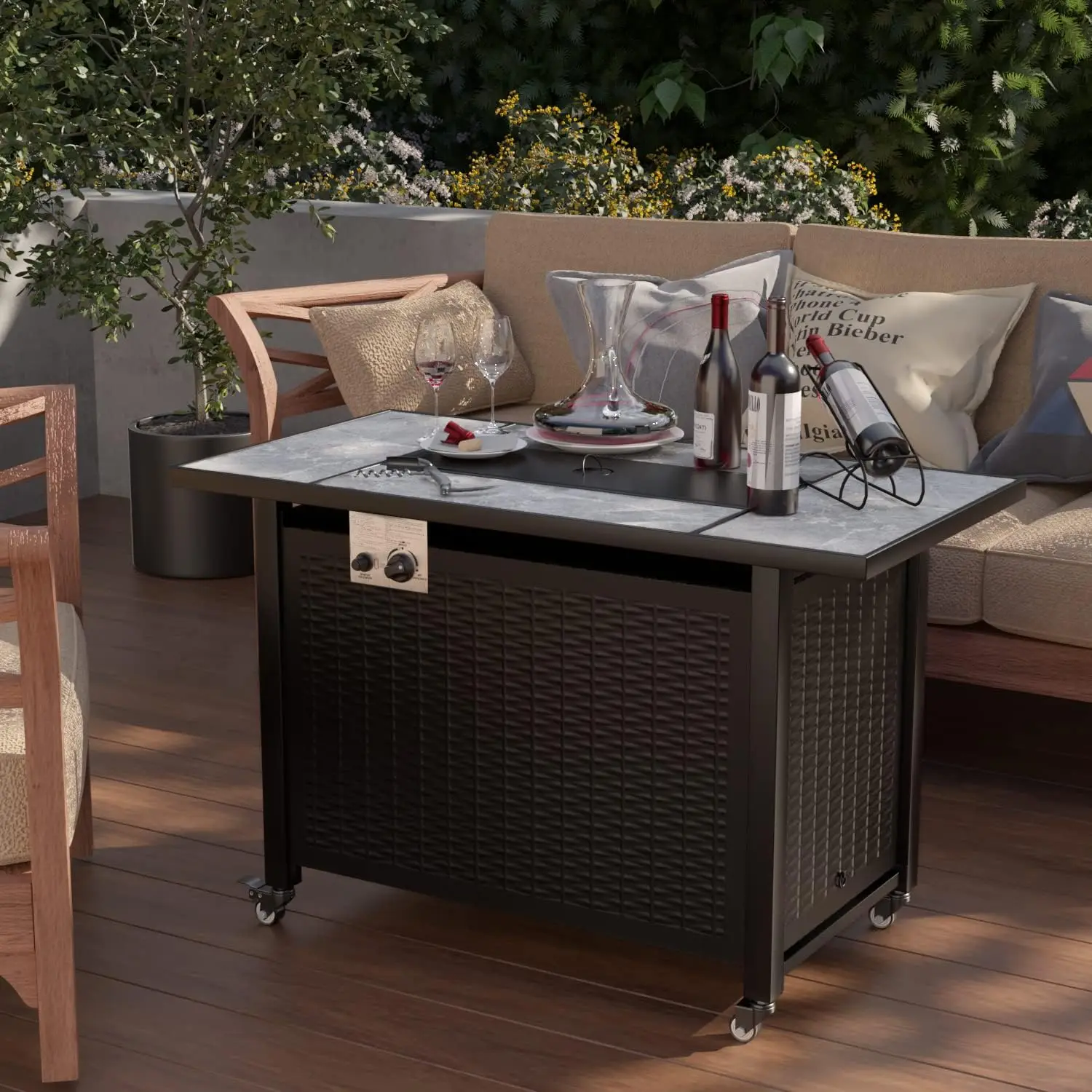 

43 Inch Outdoor Gas Fire Pit Table, 50,000 BTU Steel Propane Firepit with Wind Guard and Blue Glass Rock, Dark Black/Brown