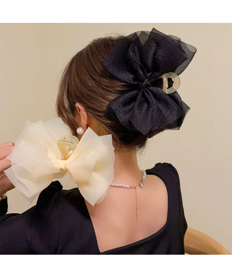 Sommer Neue Einfarbig Mesh Tüll Bogen Haar clips Elegante Frauen Pferdeschwanz Geflecht Haar Klaue Clip Haar Clip Headwear Haar Zubehör – Detail 7