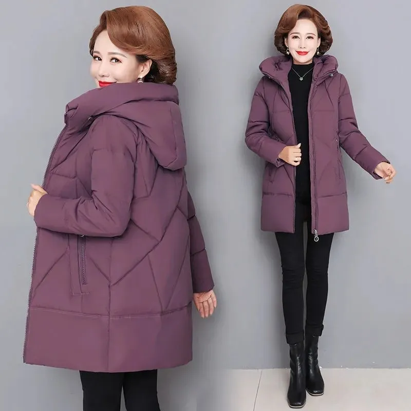 Cotton Padded Jacket Women's Parka 2022 New Winter Coats Long Sleeve Zipper Hooded Casual Middle-aged Clothes Mid-Length Outwear
