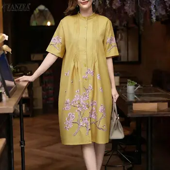 ZANZEA Thin Women Dress Summer Spring Half Sleeve Party Pleated Floral Print Knee Length Sundress Streetwear OL Work Vestidos 1