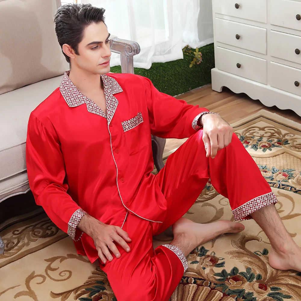 Luxury Male Silk Like Pajamas For Men Summer Ultra-thin Pajama Suit Solid Plaid Stitching Pijamas Loose Sleepwear pyjama homme