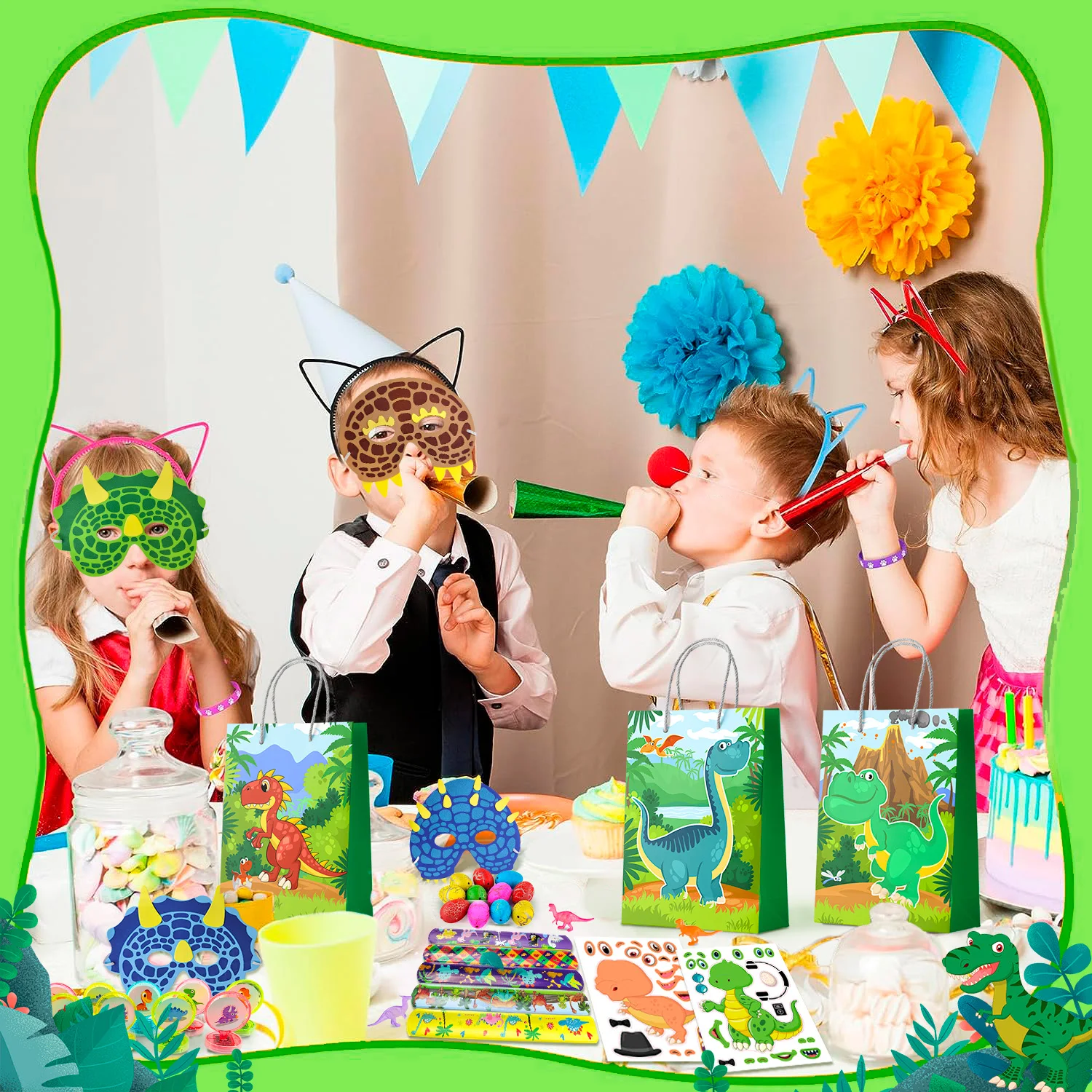 Dinosaur Party Favors for Kids, 96pcs All-in-One Dinosaur Birthday Party Favors Set - Bags Keychains Stampers Stickers Toys etc - Image 2