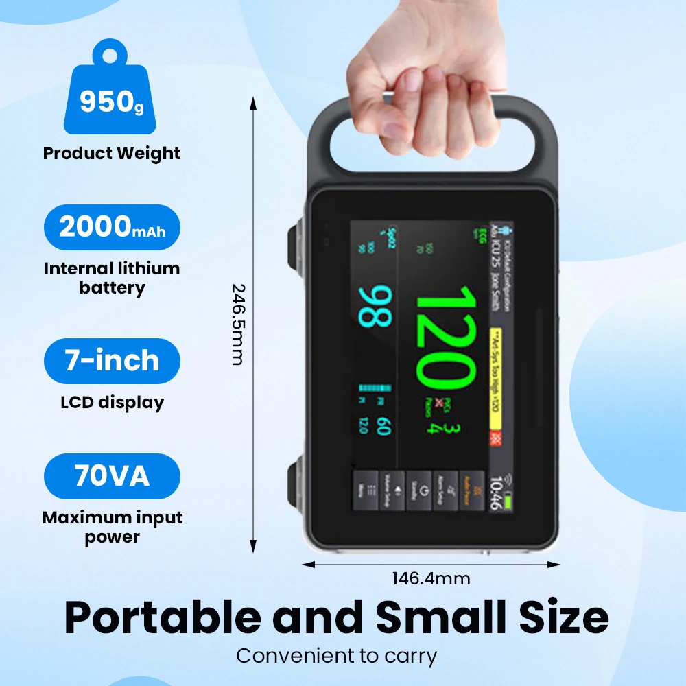 6 Parameters Medical Patient Monitor TFT 7 Inch Touch Screen Portable Vital Signs Monitor SPO2 NIBP PR TEMP ECG