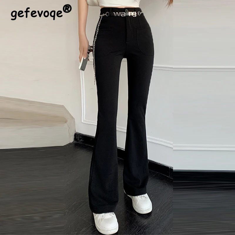 Spring Summer Women Korean Fashion Casual Streetwear Y2K High Waist Flare Pants Female Black Pockets Slim Chic Stretch Trousers