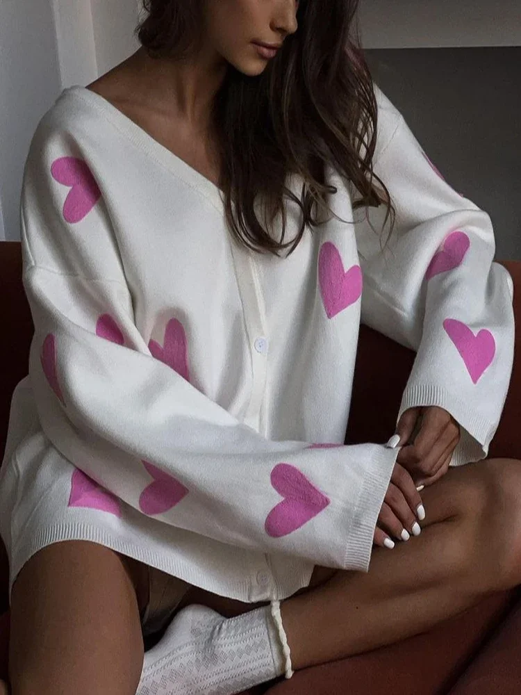 

Women's Cute Knitted Jacket with Heart 2024 Spring Autumn White Button Up Print Cardigans Soft V-neck Knit Sweaters for Women