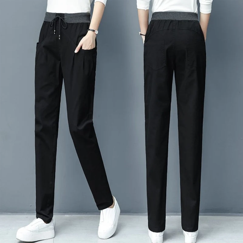 Spring Autumn Solid Color Elastic Waist Straight Pants Women High Street Casual Pocket Drawstring Pure Cotton All-match Trousers