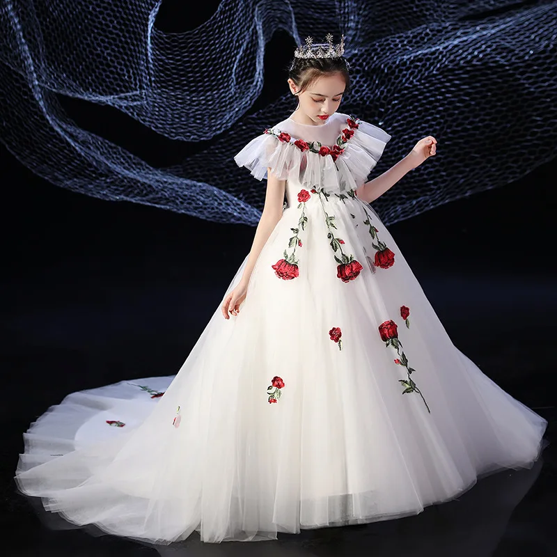 

Flower Girls Long Dress for Kids Girl Children Embroidery Tulle Princess White Ball Gowns Toddlers Birthday Pageant Vestidos