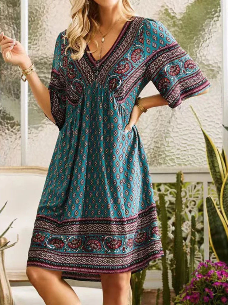 

Summer Boho Midi Dress For Women Casual Loose Holiday Short Dress Female Retro V-neck Vintage National Style Beach Sundress Robe