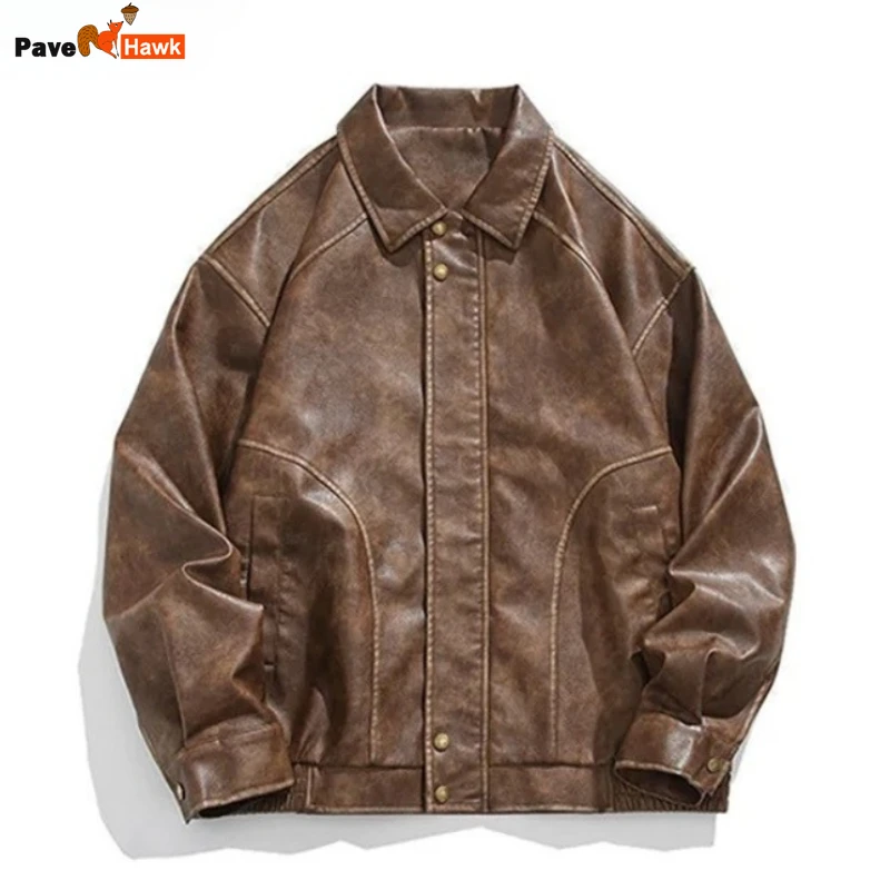 saferido Men's Motorcycle PU Leather Jackets Loose Casual Baseball Lapel Collar Coats Brown Color Oversized Black Outerwear M-2XL
