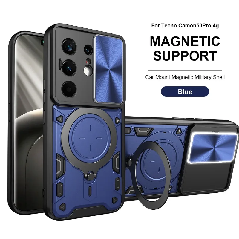 Tecno Camon Heavy Duty Shockproof Armor Case with Magnetic Ring Holder and Slide Lens Protection Cover
