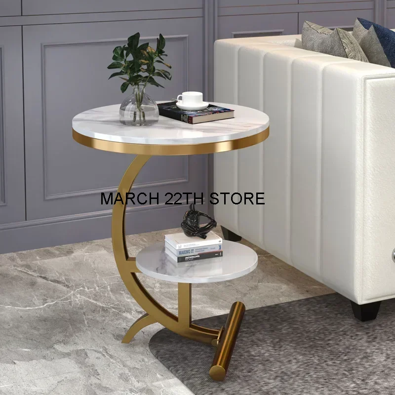 

Living Room Side Round Marble Sofa Small Coffee Table Balcony Small Table Bedside Table Nordic Net Red Double-layer Corner Table