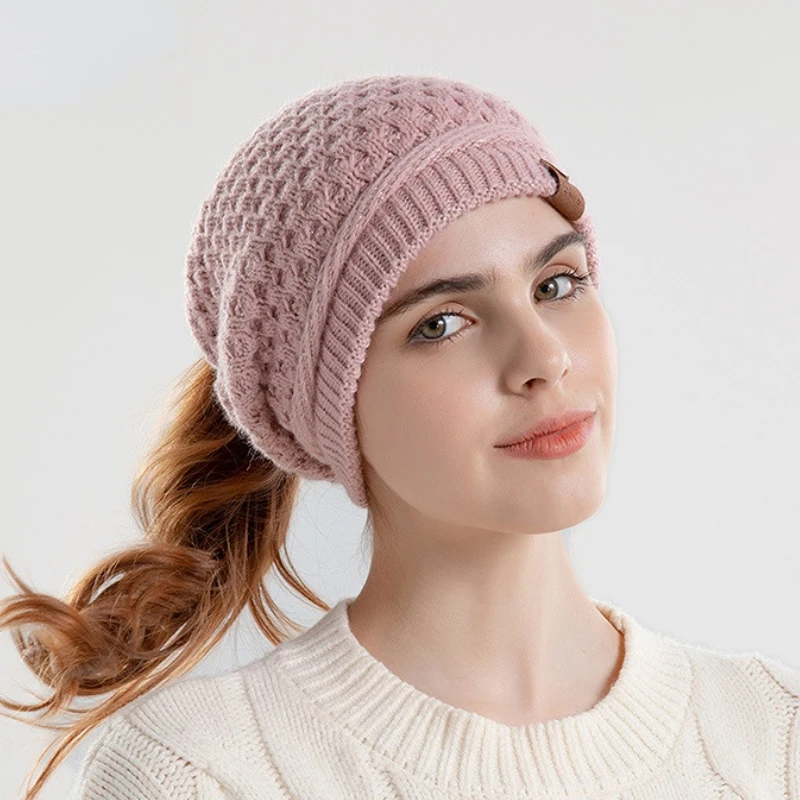 New Women Ponytail Hat Warm Slouchy Loose Knitted Hat with Hole Solid Color Beanie Home Outdoor Convenient Ear Protection Bonnet 4