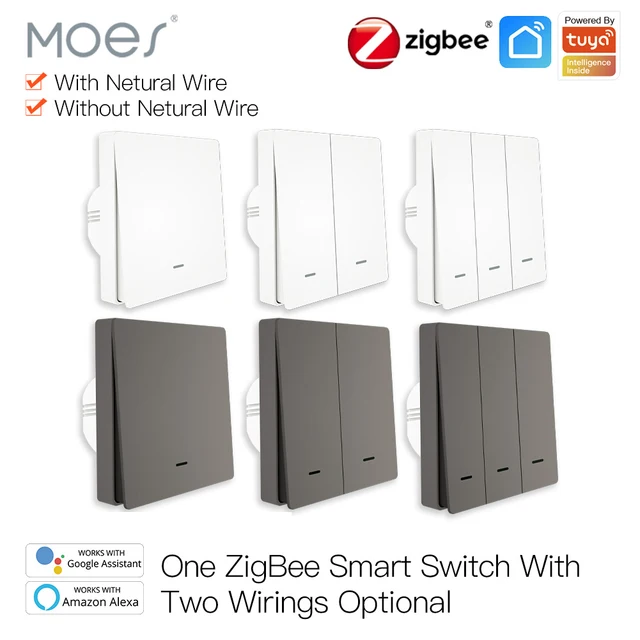 MOES สมาร์ทสวิตช์ไฟ Tuya ZigBee ไม่มี Neutral Wire ไม่ต้องใช้ตัวเก็บประจุ Smart Life 2/3 Way ทํางานร่วมกับ Alexa Google APP Remote 1
