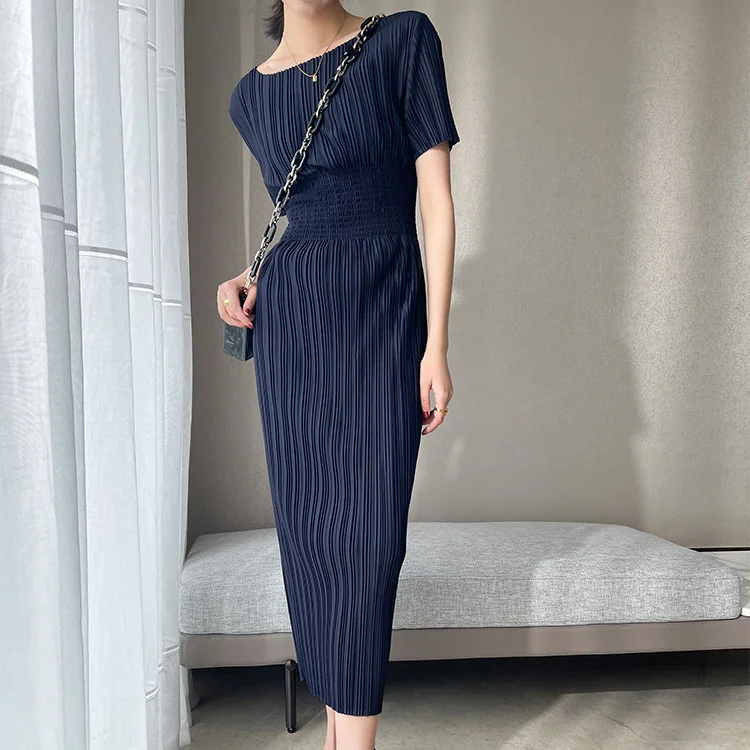 

Exquisite Pleated Pleats Show Thin Waist Dress Elegant Women's Short Sleeve Round Neck Long Skirt New Style Summer Streetwear