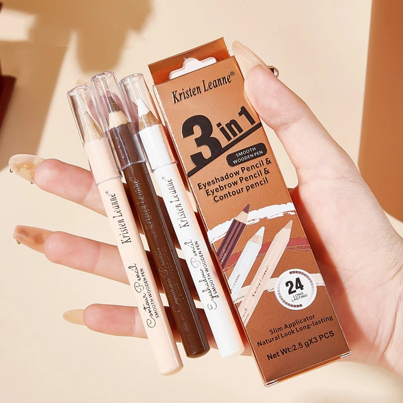 Eye Makeup Set 3pcs Eyeshadow Eyebrow Contour Concealer Wooden Pencil Waterproof Matte Nude Brown Eyeliner