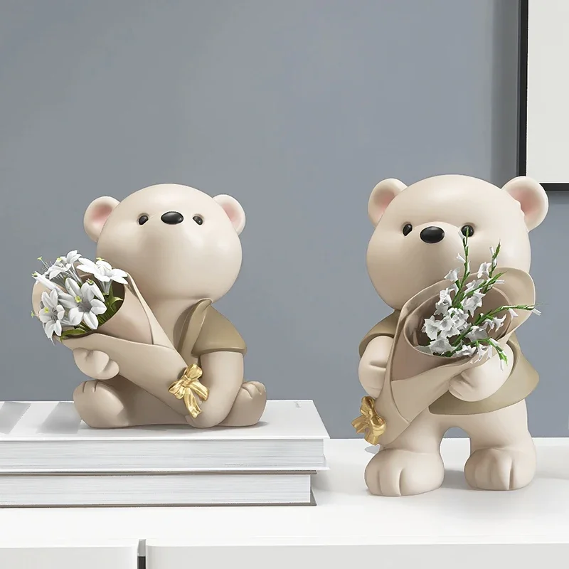 북유럽 곰 인형 송진 조각상 꽃다발 꽃꽂이, 거실 베란다 장식 장식품, 책상 꽃병 인형, 홈 데코