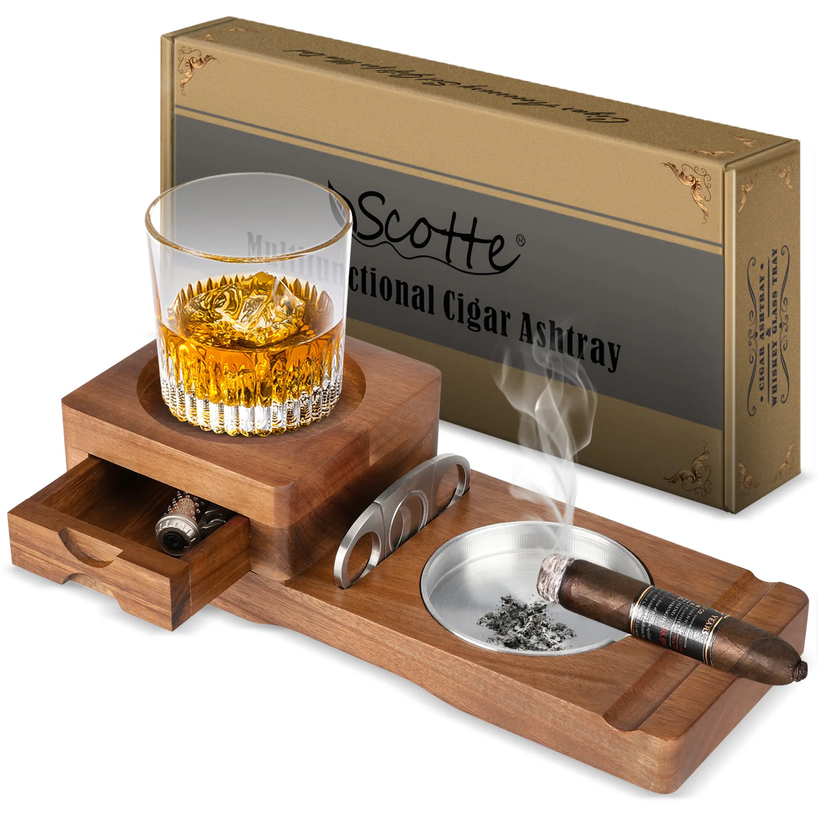 Scotte Cigar Ashtray for Men Whiskey Glass Tray Wooden Ash Tray Cigar Cutter Include Drawer Slot Accessories