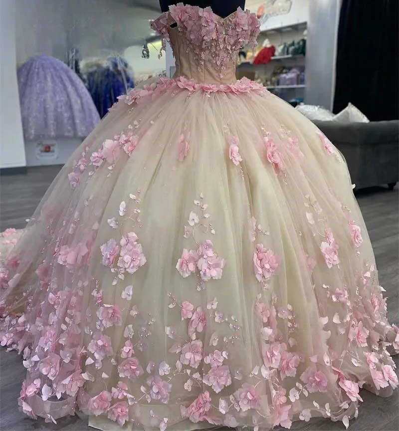 

Pink Princess Quinceanera Dresses Ball Gown Off The Shoulder Floral Pearls Sweet 16 Dresses 15 Años Custom