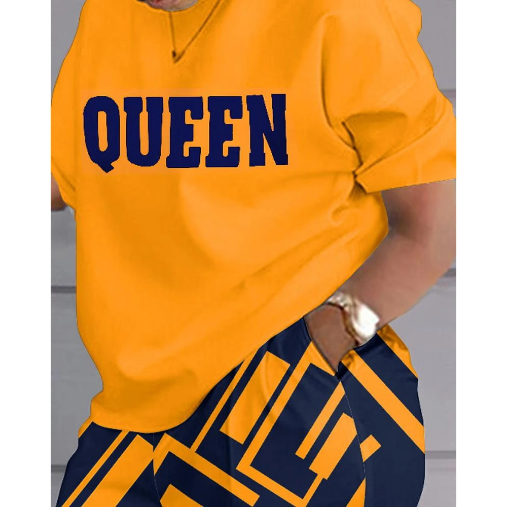 Women Queen Letter Print Top & Colorblock Shorts Set Female O-Neck Short Sleeve 2 Piece Casual Summer 2023 Outfits Clothing