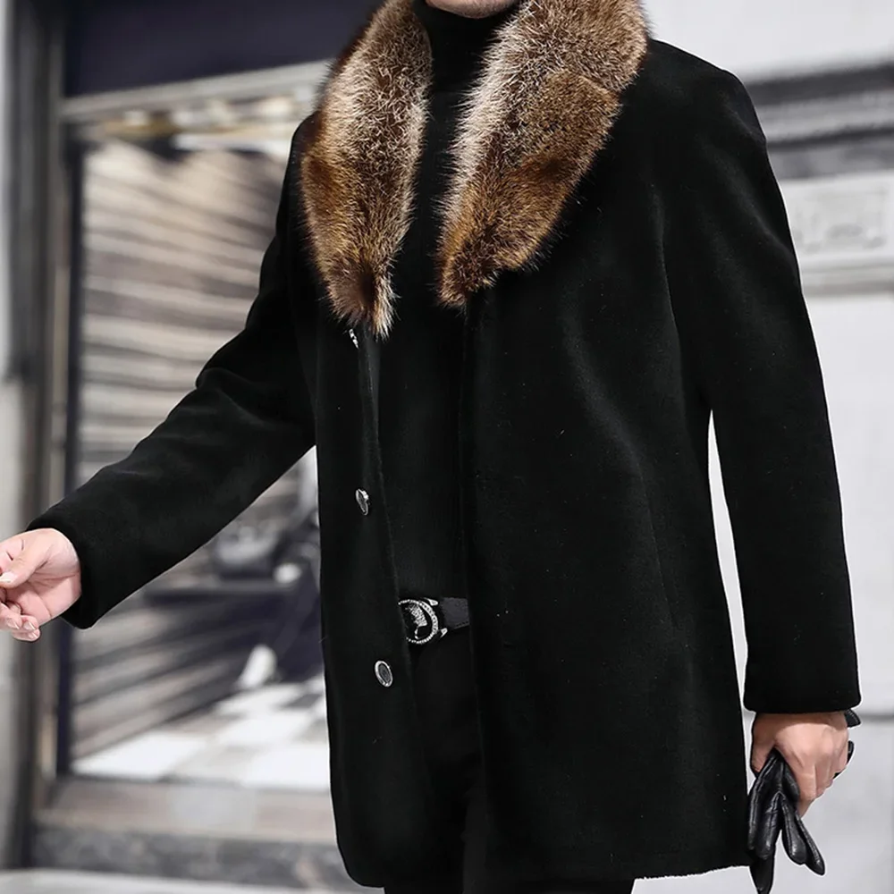 Winter Fur Long Woolen Coat Men Straight Lapel Button Pocket Solid Black Fashion Oversize 4XL Casual Warm Outwear Wool Jacket