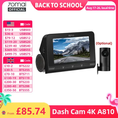70mai 4K Dash Cam A810 Front Rear Set Suppor 4G Module LTE UP04 Remote Control GPS ADAS Car DVR 70mai A810 Car DVR