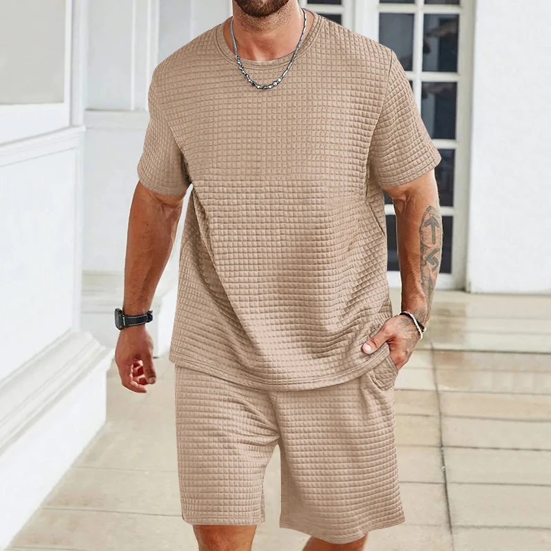 Summer Fashion Men's Set Jacquard Texture Men's Wear Crew-neck Short-sleeved T-shirt And Short Two-piece Set Free Shipping