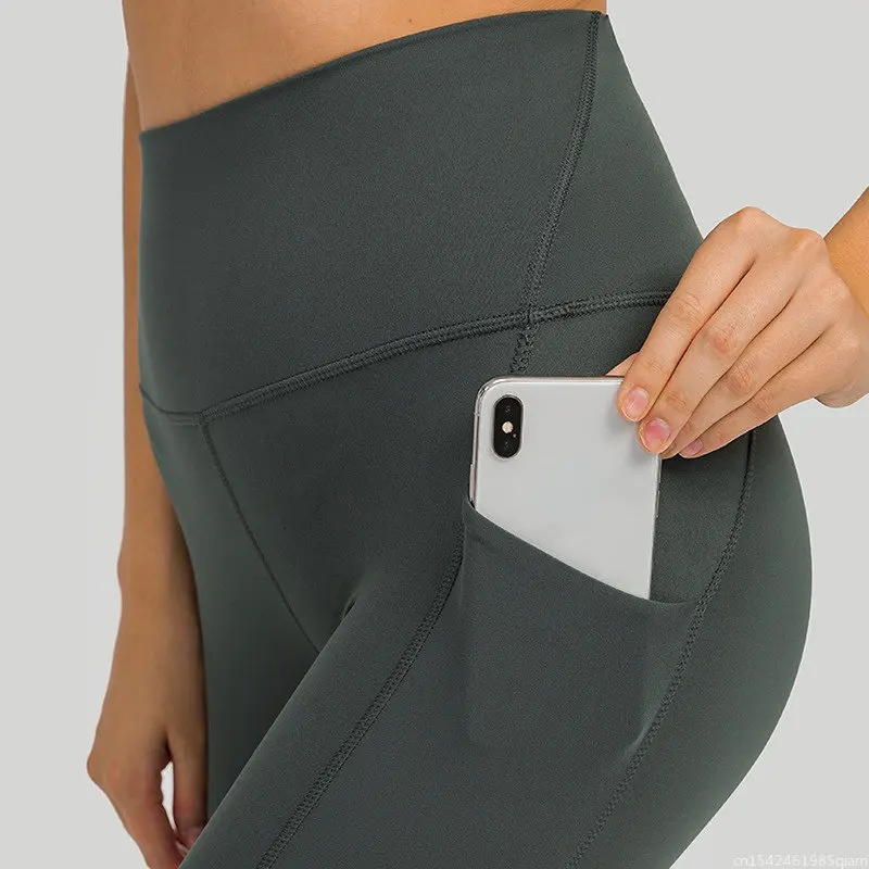 

Women Running Tight High Waist Stretchy Pant Side Pockets Back Waist Leggings Tummy Control Sport Legging
