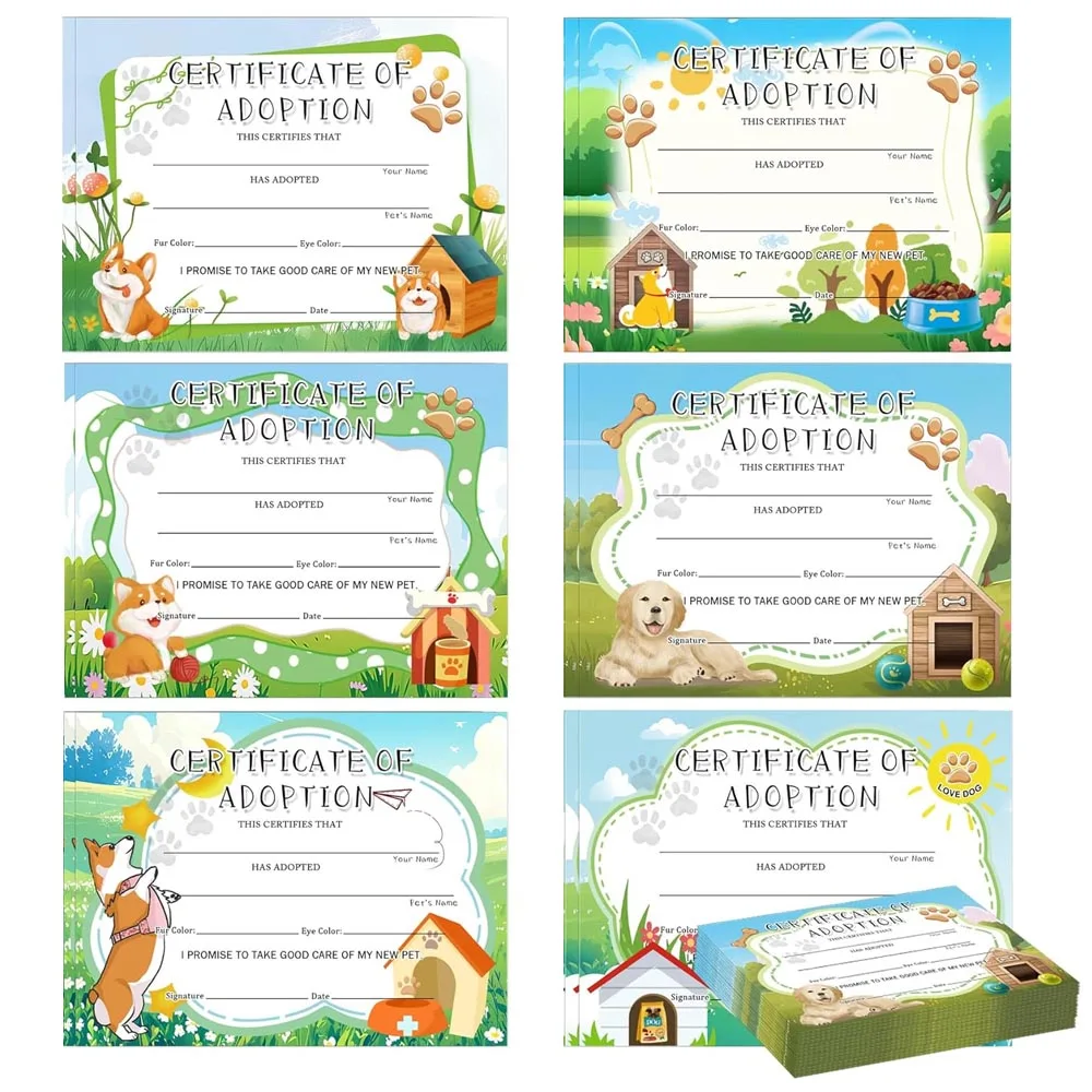 Dog Adoption Certificates 11x 8.5inch Dog Pet Adoption Card 12Pcs Animal Themed Certificates Party Favors and Supplies