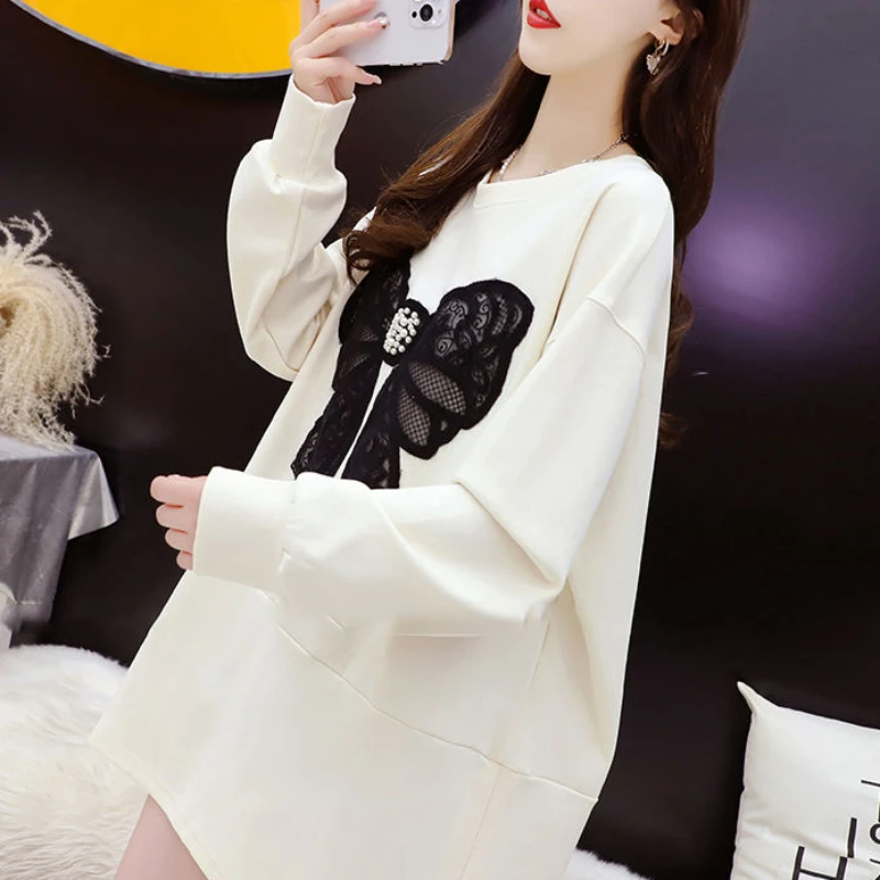 2023 New Women Loose Large Size Pullover Autumn Winter Korean Style Loose and Idle T-shirt Versatile Butterfly Long-Sleeved Top