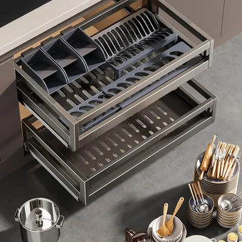 ดึงตะกร้าตู้ครัวหรูหราสแตนเลส Double-Layer ลิ้นชักชาม Rack Storage 1
